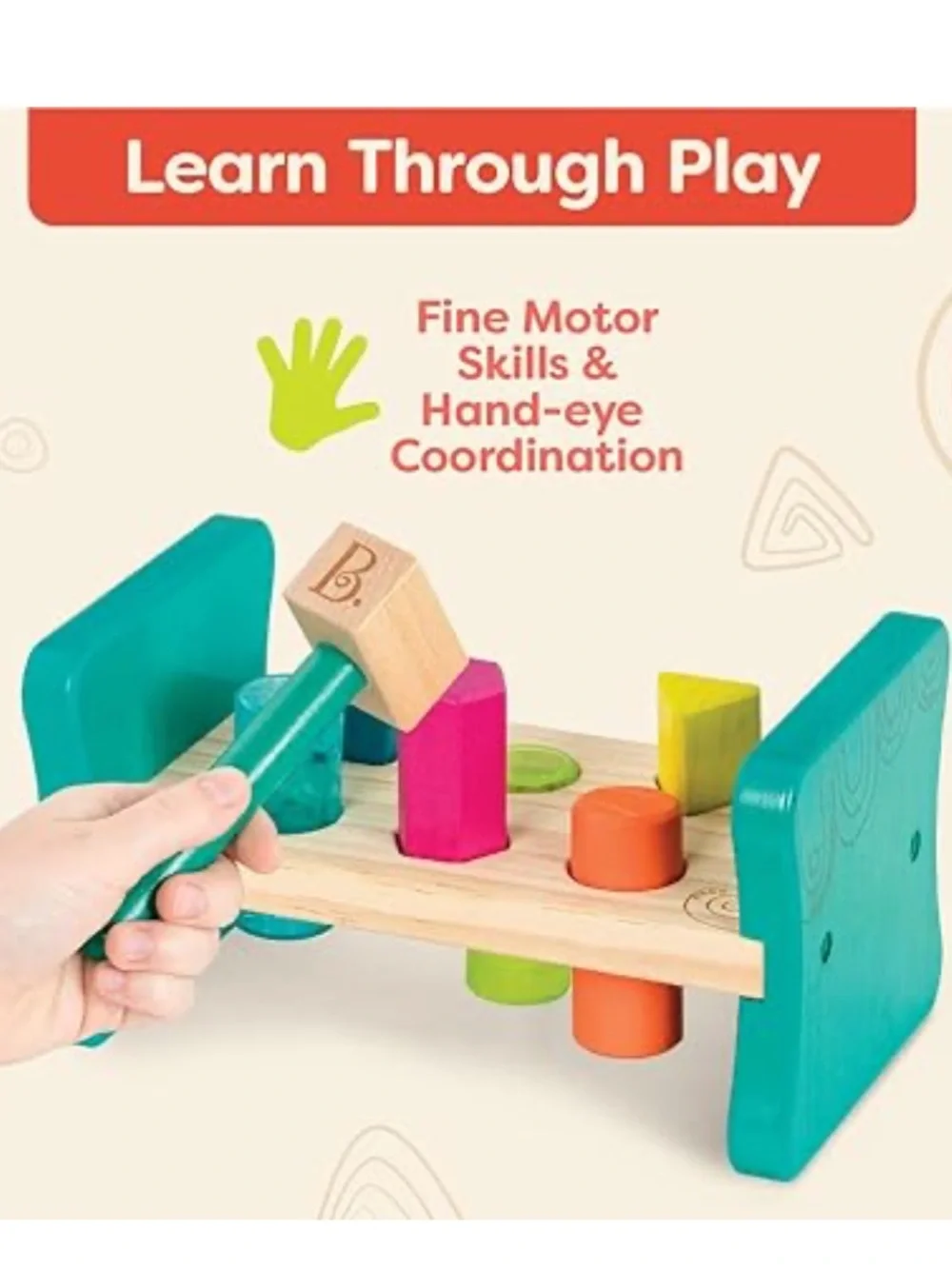 B Toys Wooden Shape Sorting Bench with Hammer and Pegs - NEW